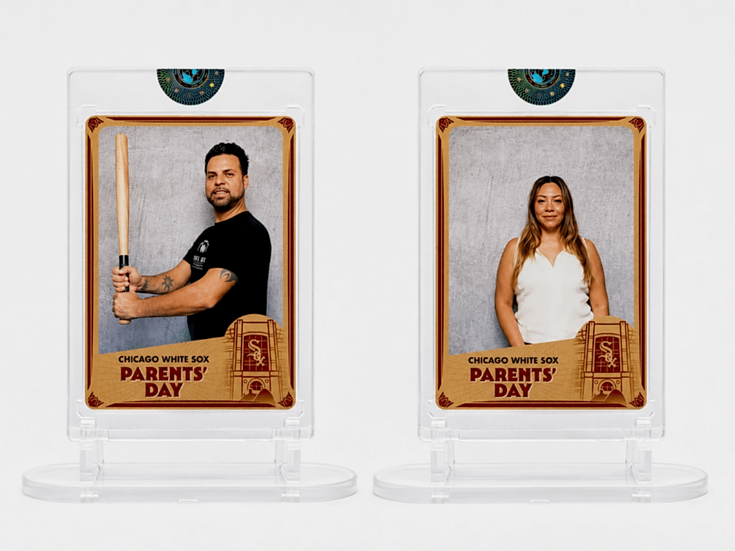 Custom sports trading card photo booth featuring Chicago White Sox Parents’ Day cards for events in Bolingbrook and Chicagoland