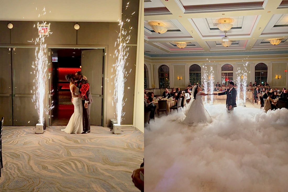 Bride and groom first dance on clouds with indoor cold sparks rental in Chicagoland wedding venue